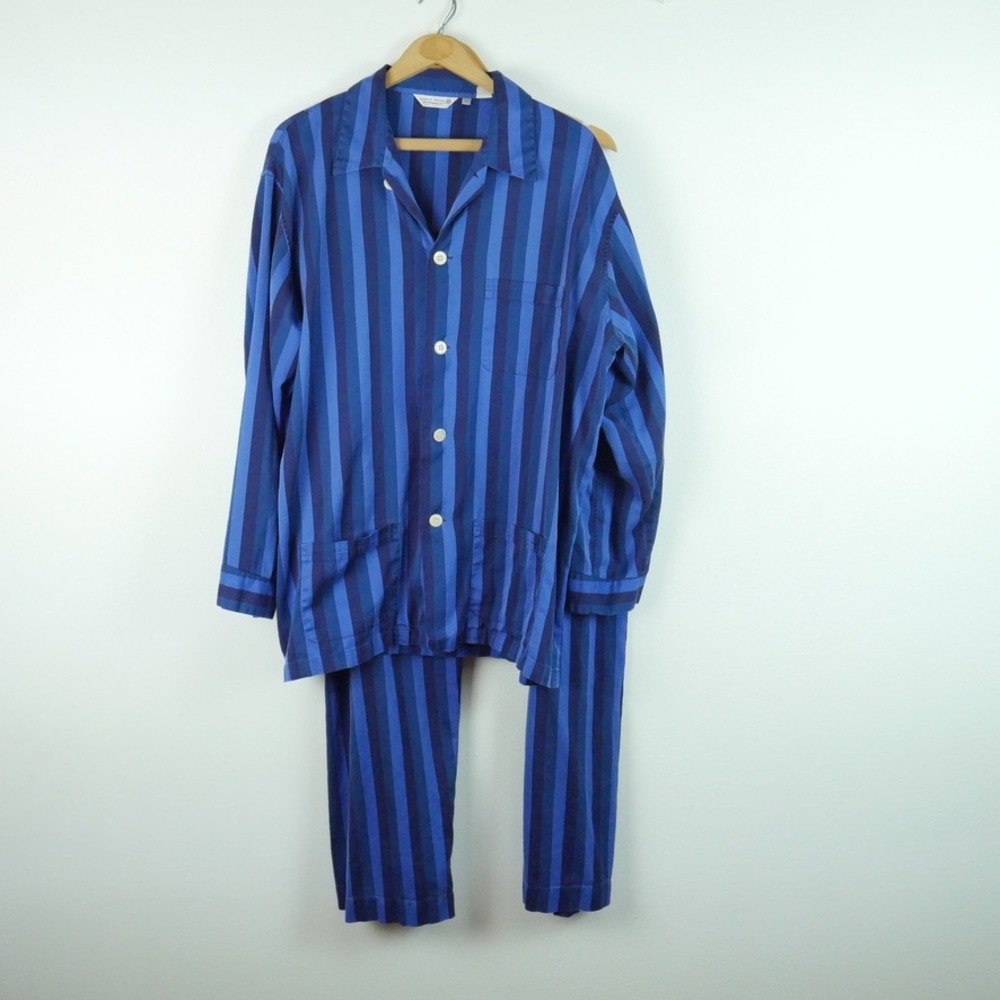 Derek Rose Mens Blue Striped Cotton Pajamas England Size 46 XXL Quiet Luxury